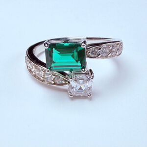 Gemma Azzurro Emerald & Cubic Zirconia CZ Wrap Bypass Sterling Silver 925 Ring